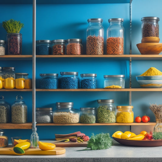 A modern kitchen featuring sleek, tiered organizers filled with colorful spices, jars, and utensils, set against a vibrant backsplash. Soft lighting casts shadows, highlighting the organized chaos of culinary essentials.