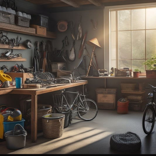 A cluttered garage with scattered tools, bikes, and boxes, transitioning to a tidy space with labeled storage bins, organized shelves, and a few sunbeams peeking through the windows.
