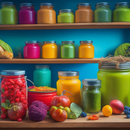 A vibrant, dewy sprout bursts from a cracked-open jar, surrounded by a circle of various storage containers, baskets, and bins, overflowing with an assortment of colorful, fresh produce.