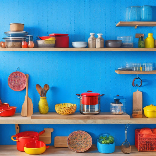 A vibrant kitchen scene featuring a pegboard storage system inside a cabinet, showcasing neatly organized pots, pans, and utensils. Bright colors, wooden shelves, and creative hooks highlight efficient, practical storage solutions.