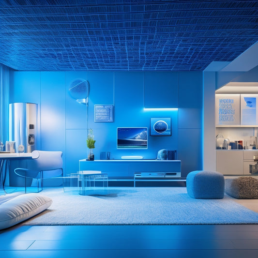 A futuristic smart home scene with a central hub displaying a mesh of interconnected icons, surrounded by various branded devices and gadgets, set against a gradient blue and white background.