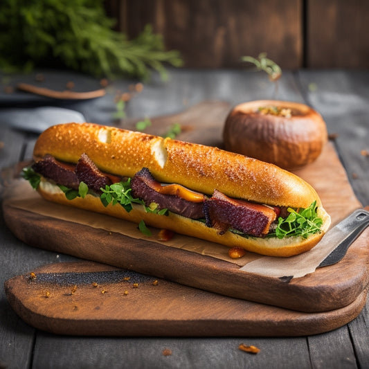 A vibrant, overhead shot of a gourmet hot dog, adorned with a slice of seared foie gras, caramelized onions, crispy bacon, and a sprinkle of microgreens, against a rustic wooden background.