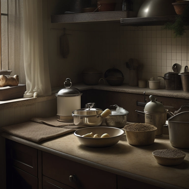 A dimly lit kitchen with worn, cream-colored countertops and faintly visible crumbs. Shadows conceal mysterious objects in the corners, with a few stray utensils and a crumpled paper towel nearby.