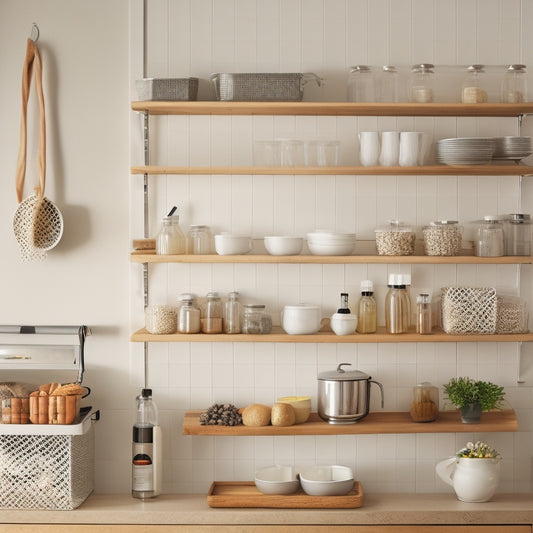 A tidy kitchen with a mix of white and natural wood tones, featuring a pegboard with hanging utensils, a tiered spice rack, and a rolling cart with labeled baskets, all against a soft gray background.