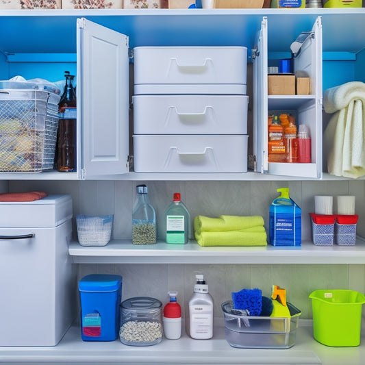 A bright, organized under-sink cabinet featuring pull-out bins, neatly stacked cleaning supplies, and labeled containers, all set against a clean white backdrop, showcasing a clutter-free and functional kitchen space.