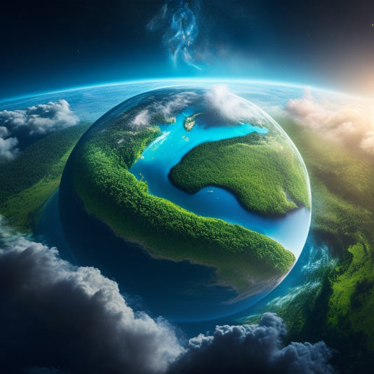 An illustration of the Earth seen from space, with a fork piercing the atmosphere, surrounded by swirling clouds and wisps of smoke, amidst a backdrop of vibrant green forests and sparkling blue oceans.