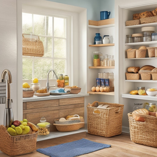 A well-organized kitchen with a dedicated gluten-free section, featuring a labeled basket of gluten-free bread, a separate pantry with nut-free snacks, and a color-coded utensil holder for dairy-free tools.