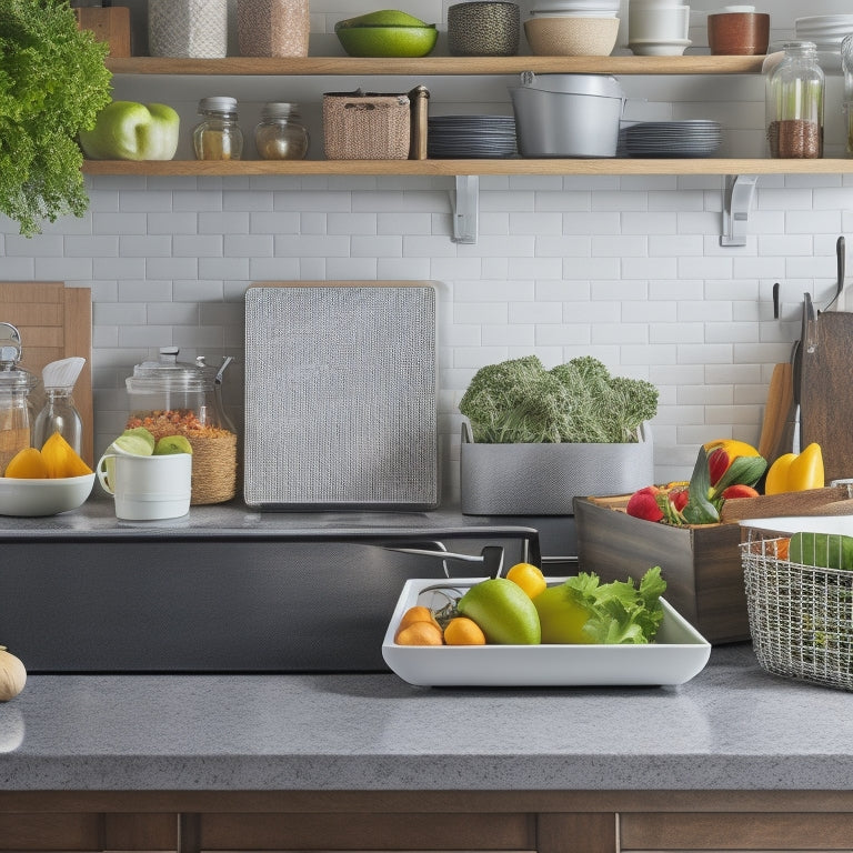 A modern kitchen countertop with a sleek tablet and a few open kitchen drawers, showcasing a tidy organization system with labeled baskets, spice jars, and a utensil holder, surrounded by fresh fruits and vegetables.