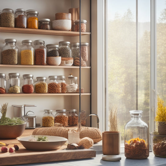 A modern kitchen with sleek adjustable shelf inserts, showcasing vibrant spices in glass jars, organized cookbooks, and stylish dishware, all illuminated by warm natural light filtering through a window.