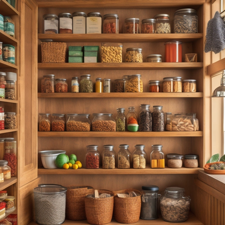 A beautifully organized pantry featuring various tiered racks, overflowing with spices, jars, and canned goods. Soft natural light filters in, highlighting the wooden shelves and vibrant colors of the food items.