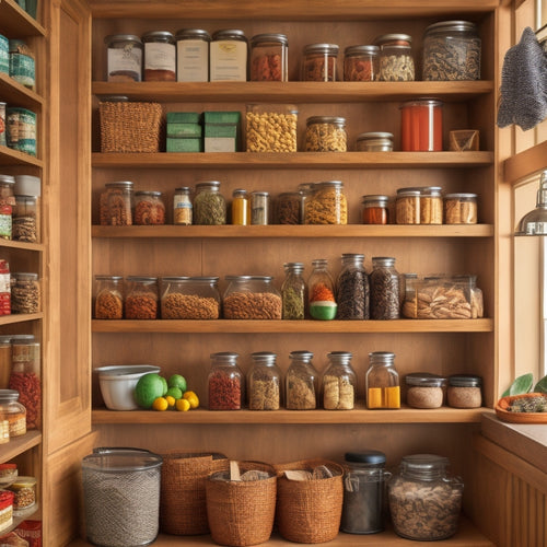 A beautifully organized pantry featuring various tiered racks, overflowing with spices, jars, and canned goods. Soft natural light filters in, highlighting the wooden shelves and vibrant colors of the food items.