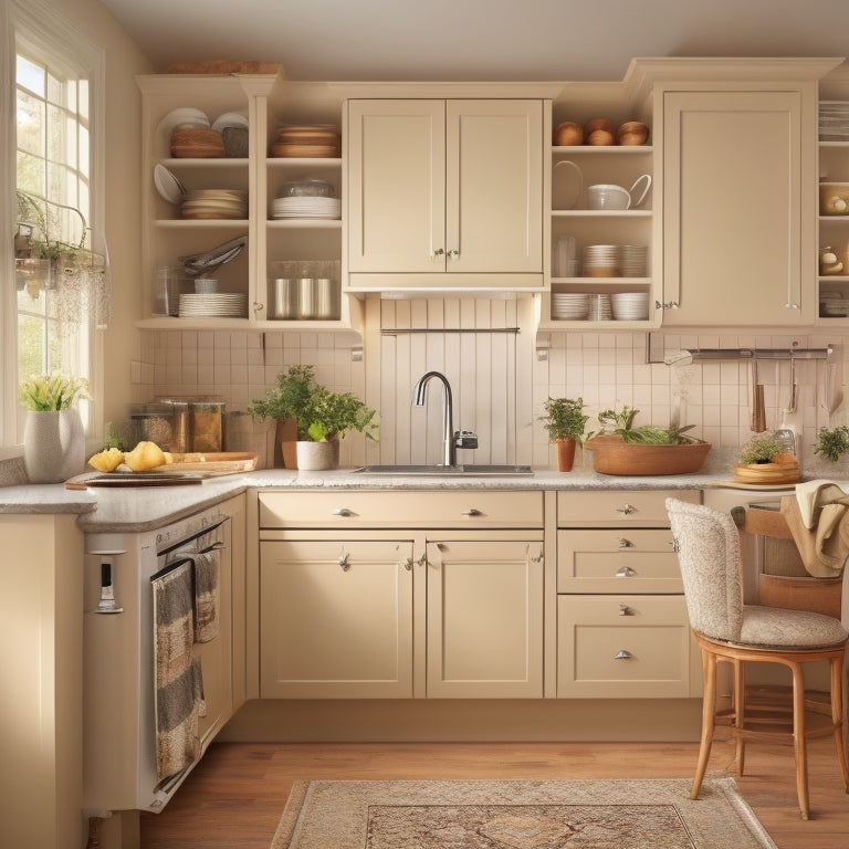 A tidy, L-shaped kitchen with cream-colored cabinets, stainless steel appliances, and warm wooden countertops, showcasing a utensil organizer on the back of a door, a spice rack on the wall, and a tiered cart.