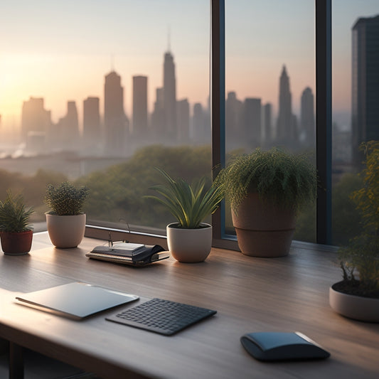 A serene, minimalist workspace with a neatly organized desk, a few strategically placed plants, and a subtle background of a cityscape at sunrise, conveying a sense of control and productivity.