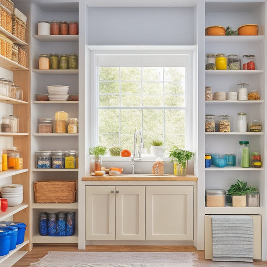 A bright, modern kitchen featuring sleek foldable shelves overflowing with colorful pantry items, neatly organized spices, jars, and containers, against a backdrop of white cabinetry and warm wood accents, illuminated by natural light.