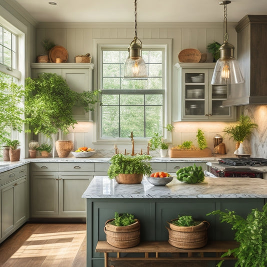 A warm, inviting kitchen with reclaimed wood cabinets, Carrara marble countertops, and a large island with a built-in farmhouse sink, surrounded by pendant lights and lush greenery.