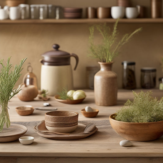 A rustic wooden kitchen table with a few LA TABLEWARE's Handcrafted Ceramic Jars in earthy tones, filled with fresh herbs, surrounded by scattered recipe cards and a few sprigs of rosemary.