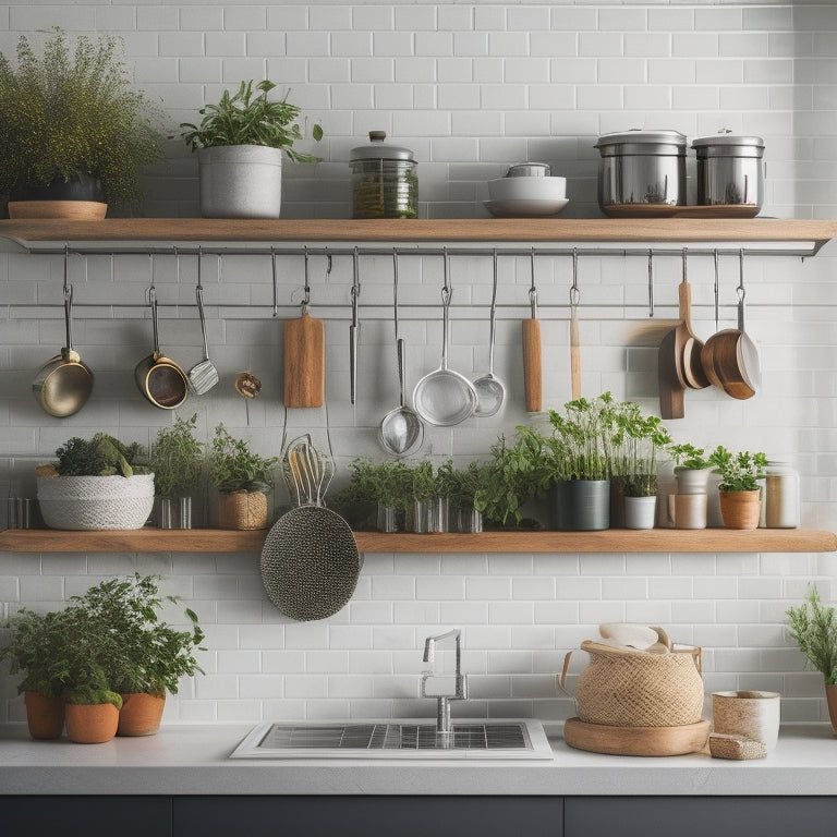A sleek kitchen wall featuring a compact wooden rack, adorned with neatly arranged spices in glass jars, hanging utensils, and vibrant potted herbs, all against a modern, minimalistic backdrop of white tiles and stainless steel appliances.