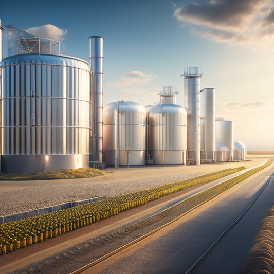 A futuristic, well-lit agricultural storage facility with rows of sleek, silver silos, automated farming equipment, and a network of elevated, transparent tubes conveying produce.