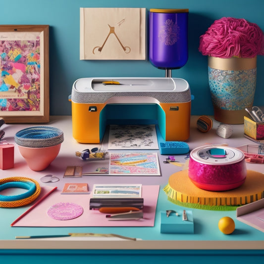 A colorful, modern illustration of a crafting desk with a Cricut machine, surrounded by various tools, papers, and materials, with a subtle background of creative, swirling patterns.
