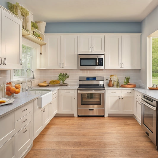 A bright, modern kitchen with white cabinets, warm wood countertops, and stainless steel appliances, featuring a pull-out pantry, adjustable shelving, and a sink with a built-in cutting board.