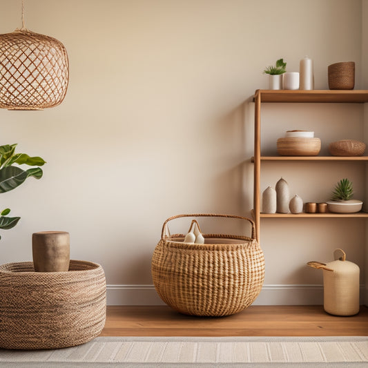 A serene, minimalist living room with a floating wooden shelf, woven baskets, and a few, carefully placed decorative objects, surrounded by plenty of negative space and soft, warm lighting.