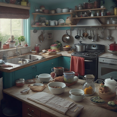 A cluttered kitchen with appliances, cookbooks, and utensils overflowing from countertops and shelves, with a faintly visible kitchen island in the background, surrounded by chaos.