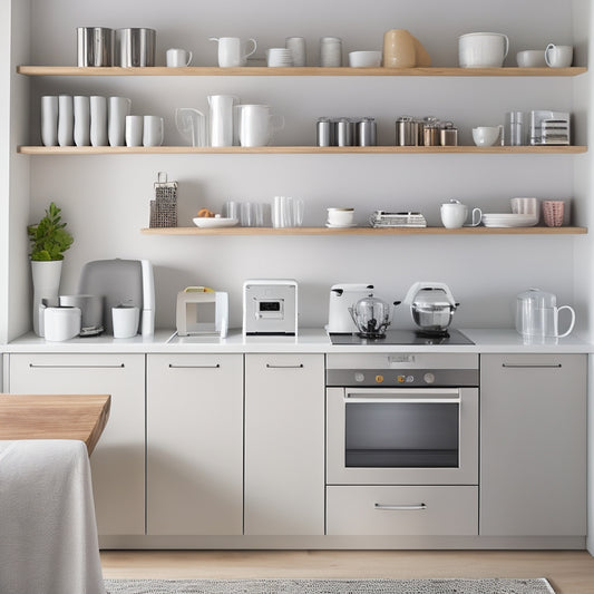 A tidy, L-shaped kitchen countertop with a toaster, blender, and coffee maker arranged neatly on it, surrounded by sleek, modern storage bins, baskets, and shelves in a calming white and gray color scheme.