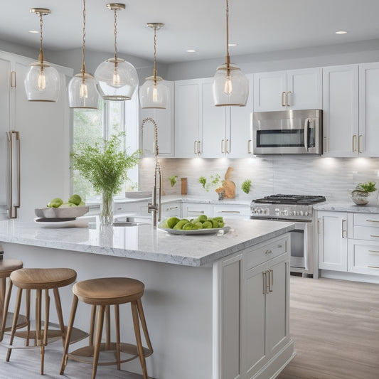 A bright, modern kitchen with sleek, white cabinets, quartz countertops, and a large island featuring a built-in cooktop, surrounded by stainless steel appliances and pendant lighting.