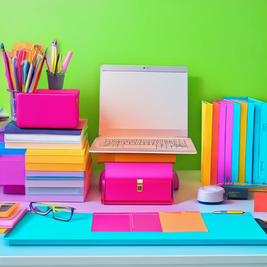 A colorful, clutter-free desk with a sleek laptop stand, a stack of vibrant file folders, and a matching pen holder, surrounded by scattered papers and a few stylish office supplies.