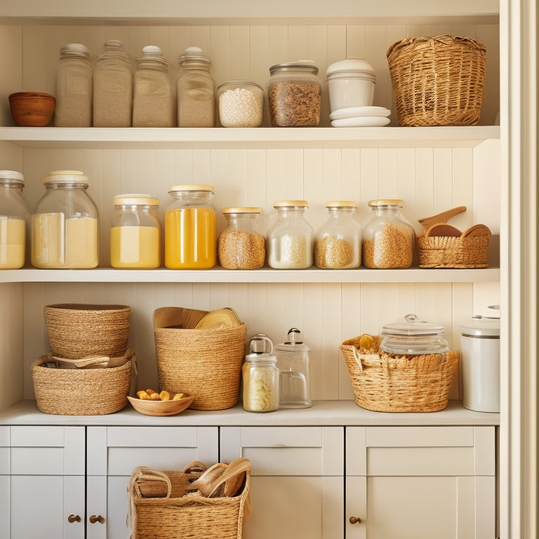 A warm and inviting kitchen pantry with rustic wooden shelves, soft golden lighting, and a mix of glass jars, woven baskets, and sleek appliances, set against a calming creamy white backdrop.