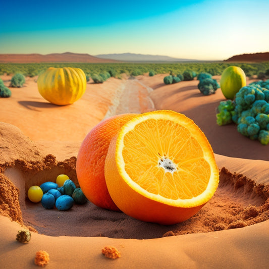 An image of a halved, moldy orange, surrounded by a halo of fresh fruits and vegetables, set against a contrasting background of a barren, cracked earth, with a faint, ghostly image of a landfill.