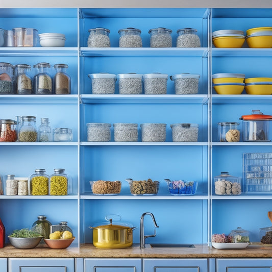 A modern kitchen featuring sleek under-cabinet lighting illuminating organized shelves of neatly arranged cookware, vibrant spices in jars, and colorful dishware, creating a warm and inviting atmosphere that enhances storage efficiency.