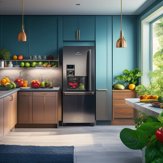 A modern kitchen with the Inventum IKV1786D refrigerator at its center, surrounded by fresh fruits, vegetables, and kitchen utensils, with a subtle gradient of warm and cool tones.
