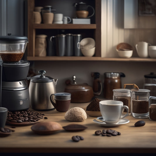 A cluttered kitchen counter with coffee beans spilling from an open bag, coffee makers and grinders stacked haphazardly, and a few coffee cups scattered around a small, cramped cabinet.