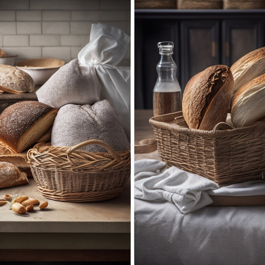 A split-screen image: a cluttered kitchen counter with stale bread in a torn plastic bag, contrasted with a tidy counter featuring a woven basket filled with freshly baked loaves and a few artisanal rolls.