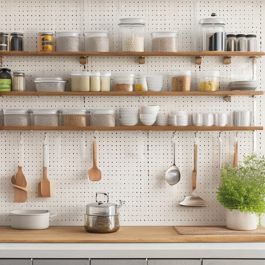 A clutter-free, minimalist kitchen with a small footprint, featuring a pegboard with hanging utensils, a retractable step stool, and a wall-mounted spice rack with small, labeled jars.