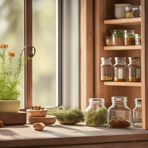 A sleek wooden spice rack with small glass jars, vibrant herbs in mini pots, and sunlight filtering through a kitchen window, casting soft shadows, creating a warm and inviting culinary atmosphere.