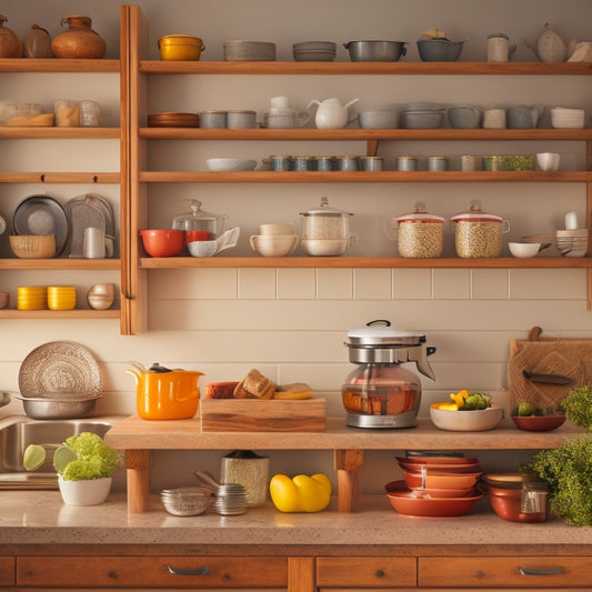 A cozy kitchen scene featuring wooden cabinet shelves with adjustable inserts. Display various items like dishes, spices, and cooking tools neatly arranged, showcasing the versatility and functionality of the DIY shelf inserts.