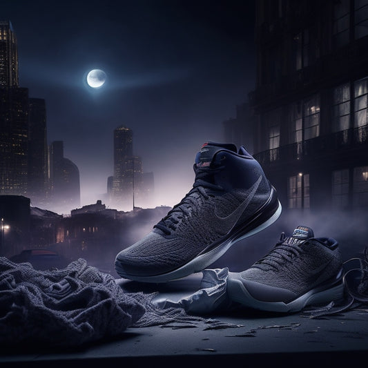 A dark, misty cityscape at dusk, with Gengar's ghostly form emerging from a giant Nike swoosh, its tendrils stitching together torn fabric, surrounded by scattered sneakers and threads.
