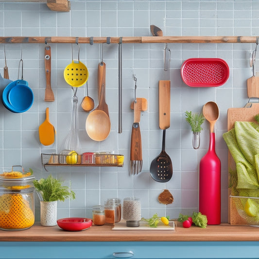 A vibrant kitchen scene featuring a colorful pegboard wall filled with neatly arranged kitchen gadgets like spatulas, measuring cups, and herbs in pots, surrounded by fresh ingredients on a rustic wooden countertop.