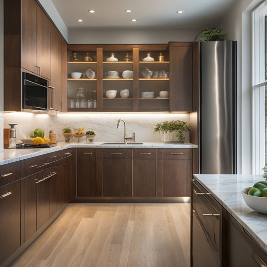 A sleek, modern kitchen with floor-to-ceiling cabinets, a wall-mounted utensil organizer, and a pull-out pantry, illuminated by soft, warm lighting and surrounded by polished marble countertops and hardwood floors.