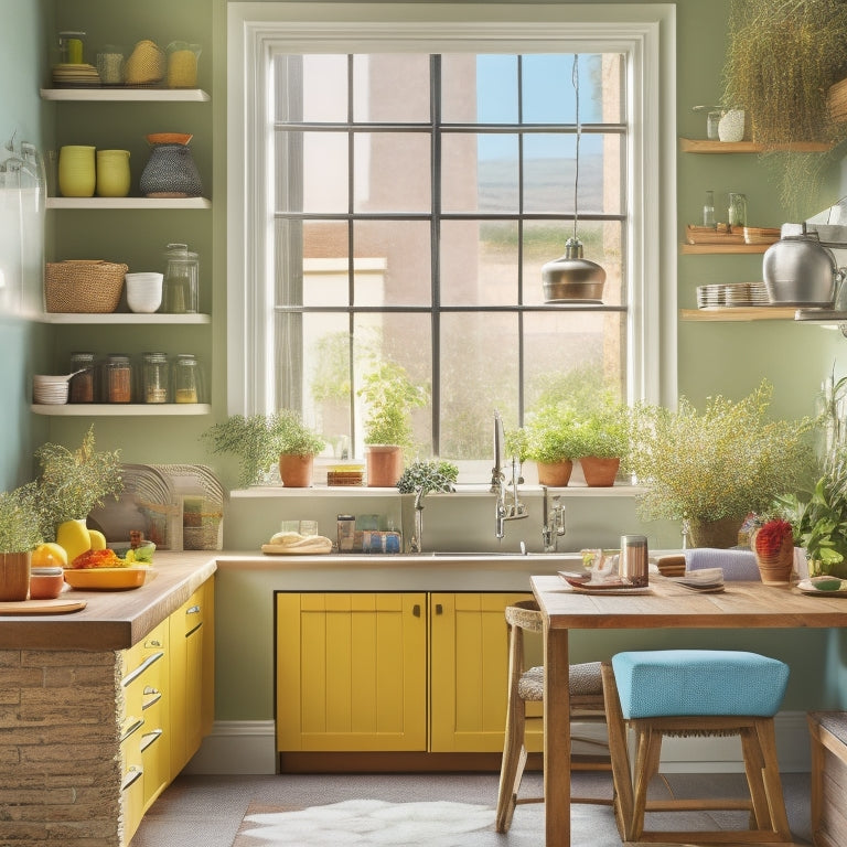 A cozy, compact kitchen with sleek, wall-mounted shelves holding colorful spice jars, a foldable dining table against a bright window, and smart storage solutions like under-sink organizers, all bathed in warm, natural light.