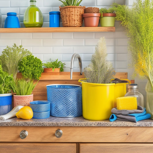 A vibrant kitchen sink area showcasing various DIY sink caddies: rustic wooden organizers, colorful mason jars, and sleek metal baskets filled with sponges, brushes, and dish soap, all surrounded by fresh herbs and bright dish towels.