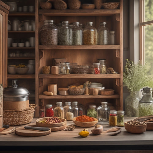 A beautifully arranged kitchen featuring a stylish wooden revolving cabinet organizer Lazy Susan, filled with colorful spices, jars, and cooking utensils, surrounded by a warm, inviting ambiance of natural light streaming through a window.