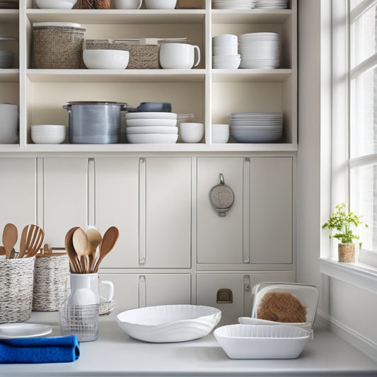 A serene kitchen cabinet interior with tidy stacks of matching white plates, a vertical utensil organizer, and a pull-out drawer filled with neatly rolled kitchen towels and a few strategically placed ceramic containers.
