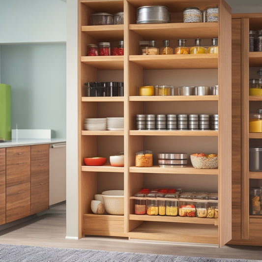 A modern kitchen featuring sleek, wooden sliding pantry drawers with a soft-close mechanism. The drawers are filled with neatly organized spices, jars, and canned goods, illuminated by warm, ambient lighting.
