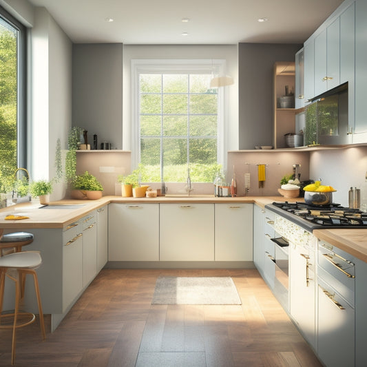 A bright, modern small kitchen with sleek, handleless cabinets, a compact island with a built-in cooktop, and a large window above the sink, flooded with natural light.