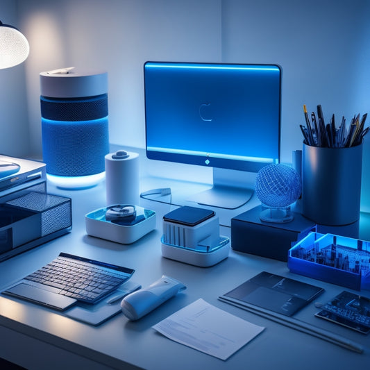 A futuristic, minimalist workspace with sleek, metallic 3D-printed organizers in various shapes and sizes, holding pens, papers, and devices, surrounded by subtle, pulsing blue lights.