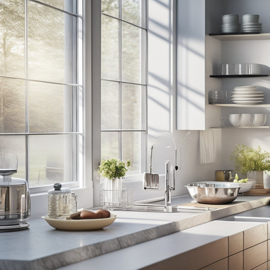 A sleek, modern kitchen with a shiny stainless steel expandable dish rack featuring adjustable shelves, filled with neatly arranged dishes, glasses, and utensils, bathed in soft, natural light from a nearby window.