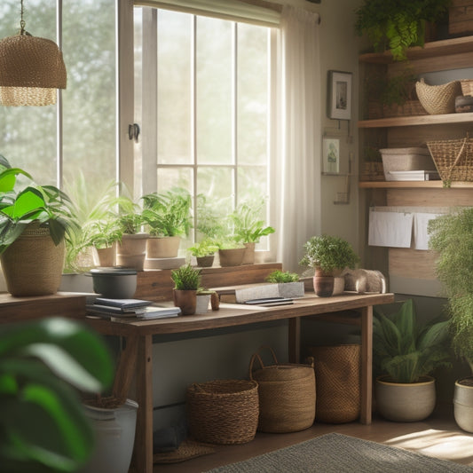 A beautifully organized home office with a wooden desk, a woven basket, and a few neatly labeled jars on a shelf, surrounded by lush green plants and warm natural light.